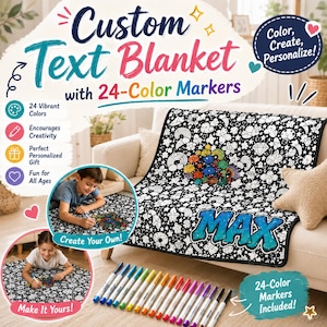 Puede incluir: Una manta blanca con un patrón de líneas negras y blancas de varias formas y el nombre MAX en azul, acompañada de un juego de 24 marcadores de colores. La manta incluye una sección parcialmente coloreada para personalizar el diseño.