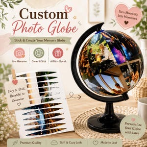 Puede incluir: Un globo terráqueo fotográfico personalizado con soporte negro y superficie esférica cubierta de diversas fotografías. Junto al globo hay una hoja de tiras fotográficas adhesivas con el texto Easy to Stick, Beautiful to Remember en una etiqueta.