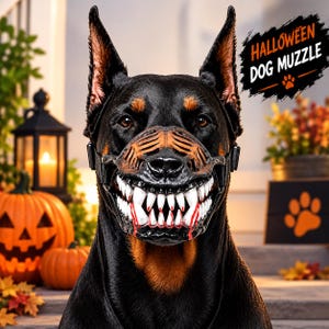 May include: A black and tan Doberman dog wearing a Halloween dog muzzle featuring a realistic, menacing set of white teeth with red blood-like accents. The text HALLOWEEN DOG MUZZLE is printed in the upper right corner of the image.