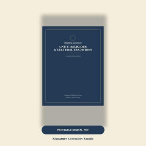 Może przedstawiać: Ciemnoniebieska prostokątna okładka zeszytu ćwiczeń z cienką złotą obwódką. Tekst brzmi: Wedding Ceremony UNITY, RELIGIOUS & CULTURAL TRADITIONS, A respectful planning workbook, Signature Officiant Services, Meaningful | Personal | Inclusive.