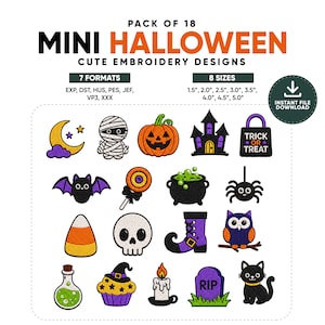 Könnte beinhalten: Ein digitales Set mit 18 Mini-Halloween-Stickmustern, darunter Kürbis, Mumie, Fledermaus, Totenkopf und schwarze Katze. Der Text umfasst PACK OF 18 MINI HALLOWEEN CUTE EMBROIDERY DESIGNS, 7 FORMATS, 8 GRÖSSEN von 3,8 bis 12,7 cm und INSTANT FILE DOWNLOAD.