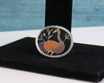 de Passillé-Sylvestre Wild Bird Brooch - 1970s Enamel Bird Pin - de Passillé Sylvestre Jewelry - Orange Black & Silver Metal de Passille Pin