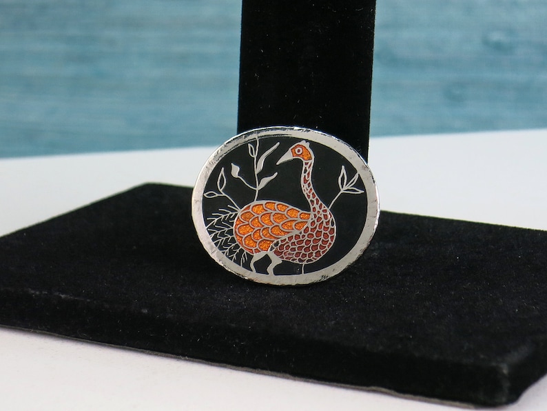 de Passillé-Sylvestre Wild Bird Brooch 1970s Enamel Bird Pin de Passillé Sylvestre Jewelry Orange Black & Silver Metal de Passille Pin image 1