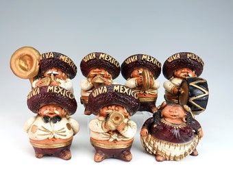 AS IS Set of 7 Mexican Mariachi Band Chalkware Figurines - Viva Mexico Chalk Ware Plaster Musicians - Chubby Mexican Folk Art Decor Figures