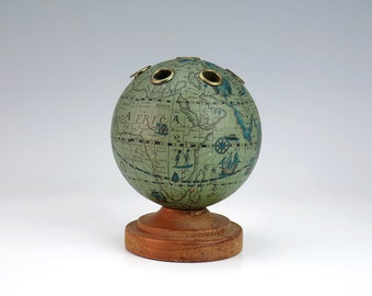 Miniature Globe Pencil Pen Holder - Desk Accessories, Office Decor, Desk Storage - Old World Map Paper Covered Globe on Wood Base - 7 Holes