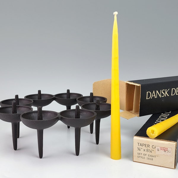 Dansk Circlet Cast Iron Candlespike Candleholder with 16 Unused Yellow Candles - Round Circle Dansk Candle Holder - Börje Rajalin Design