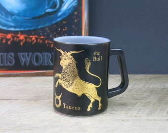 1960s Federal Glass Milk Glass Horoscope Mug for Taurus Bull April May - Black and Gold Taurus Zodiac Astrology Coffee Mug - Milk Glass Mug
