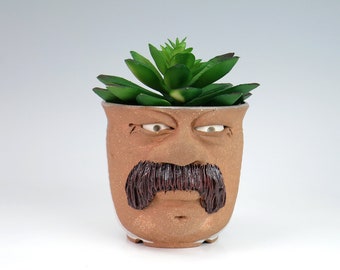 Small 1988 Mustache Man Leishman Pottery Face Planter - Mike & Connie Leishman Blue Indoor Planter - Canadian Studio Art Pottery Plant Pot