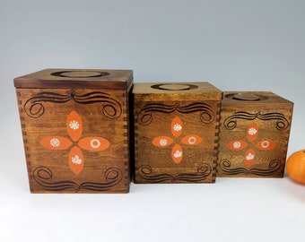 Set of 3 Nesting Japan Made Wood Canisters, Four Season Orange White Decor - Hand Carved Hardwood Japanese Kitchen Canisters, Unlabeled