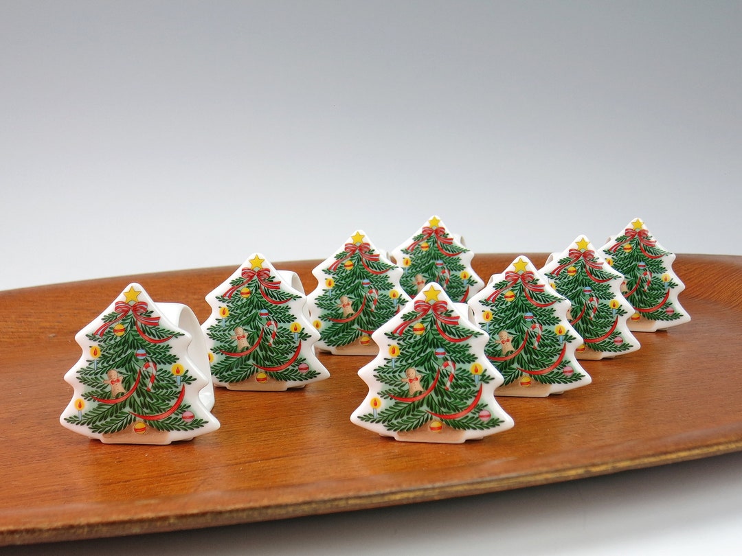 Set of 8 Ceramic Christmas Tree Napkin Rings Eight Christmas Napkin