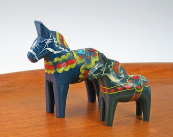 Pair of Blue Swedish Dala Horses, Horse Figurines - Small Sweden Wood Figurines - 4" & 3" Wooden Swedish Horses, Folk Art, Sweden Dalahäst