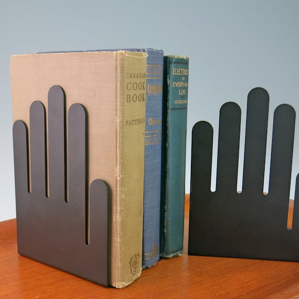 Set of 2 Large Black Spectrum Designs Hand Bookends, 2 Sets Available - Mod Pop Art Hand Shape - Metal Office Desktop Storage Organizer