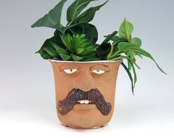 1988 Moustache Man Leishman Pottery Face Planter - Mike & Connie Leishman Blue Indoor Planter - Canadian Studio Art Pottery Face Plant Pot