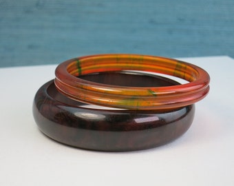 Pair of Brown Bakelite Bangle Bracelets - 1 Semi-Translucent Ribbed and 1 Big Chunky Domed  - Marbled , Iced Tea, Tested Bakelite Bracelets