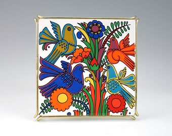 Villeroy & Boch Acapulco Ceramic Tile Trivet in Metal Stand - Colorful Mexican Design Coaster, Pot Stand - Birds Flowers Butterflies