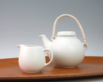 Arabia Finland GA Series Teapot and Creamer, Milk Jug - Matte White Smaller 20 oz Version, Cane Wrapped Handle - Ulla Procope GA1 Design