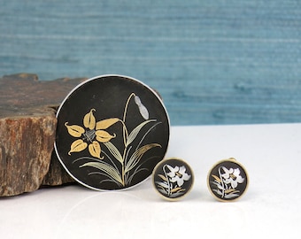 Vintage Damascene Brooch and Earrings, Mismatched - Japan Damascene Floral Flowers Convertible Brooch and Screw Back Earrings - Mid Century