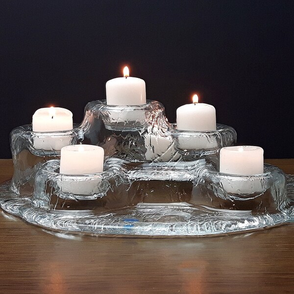 Meri Lasi Finland Glass Volcano Candleholder - Pertti Kallioinen Design - Vintage Meri Lasi Tulivuori Molten Glass Candle Holder Centrepiece