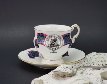 Grant Clan Elizabethan Bone China Teacup and Saucer Set - Clan Grant Tartan Tea Cup and Saucer - Scottish Stand Fast Grant Clan - Scotland