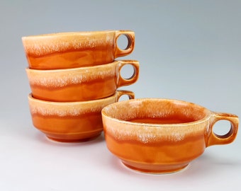 Set of 4 Hull Tangerine Orange Drip Soup Mugs or Bowls - 1960s Hull USA Oven Proof Ceramic Soup Bowls, Handles - Crooksville Ohio Pottery