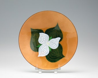 Vintage Enamel on Copper Trillium Bowl - Sigge Sander Canada - Signed Canadian Enamelware Enamel Art - Orange Green White, Flowers Floral