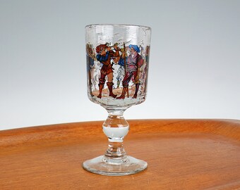 1970s Alfred Taube Medieval Clear Glass Goblet - Handmade Bubble Glass with Colourful Warrior & Musician Figures - West German Glass Goblet