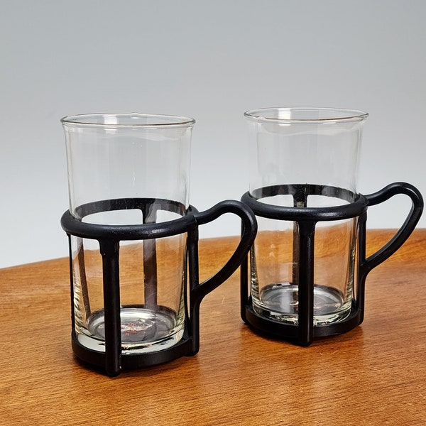 Pair of JAJ Pyrex Bodum Style Coffee Mugs with Black Holders - English Pyrex Drink-ups, Tea Glasses, Coffee Mugs, Tumblers - Clear Glass