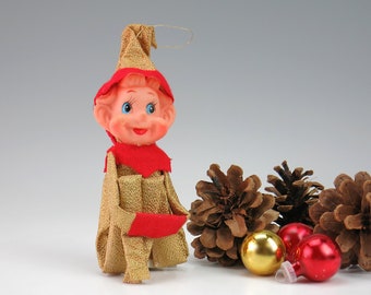 Smiling Christmas Elf Kneehugger in Gold Metallic Suit - Christmas Elf Ornament - Red and Gold Elf Christmas Tree Ornament Shelf Sitter