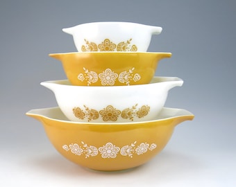 Set of Pyrex Butterfly Gold I Cinderella Mixing Bowls - 441 442 443 444 Bowls - 1970s Pyrex Mixing Bowl - Butterfly Gold 1 Cinderella Bowls