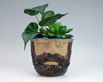 1988 Leishman Pottery Face Planter, Bearded Man Face - Mike & Connie Leishman Blue Indoor Planter - Canadian Studio Art Pottery Plant Pot