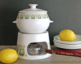 Noritake Progression Palos Verde Fondue Pot and Stand - Vintage Fondue Pot, Stand, Burner - 1970s Fondue - Ceramic Pot and Warmer Stand