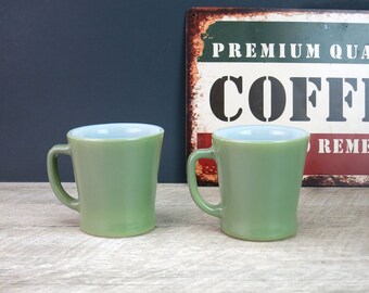 Pair of Fire-King Fired On Paint Green Coffee Mugs - Fire King Green Coffee Mugs - D Handle 1960s Milk Glass Fire-King Anchor Hocking Mugs