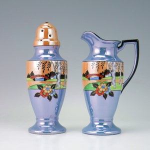 Noritake Art Deco Berry Set - Noritake Lusterware Lustreware Muffineer Sugar Shaker, Syrup Cream Pitcher - Blue Peach Bridge Landscape