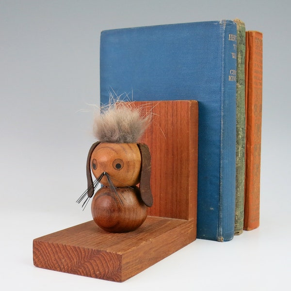 Funny Teak Animal Bookend - Single Anthropomorphic Animal Figure Bookend - Mid Century Teak Library Shelf Decor, Floppy Ears, Crazy Fur Hair