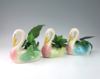 Set of 3 Ceramic Swan Planters - Mid Century Swan Figurine Plant Pots - Swan Succulent Planter for Indoor Garden - Pastel Cabinet Display