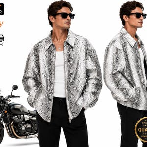 Men's White Grey Snakeskin Embossed Leather Jacket, Python Print Oversized Exotic Coat, Luxury Streetwear Outerwear, Custom Handmade Gift