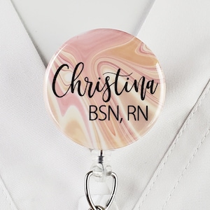 Custom Pink Champagne Marble Badge Reel, Personal Retractable Name Badge Holder, RN ID Lanyard Badge Clip Medical Stethoscope Yoke Clip 812