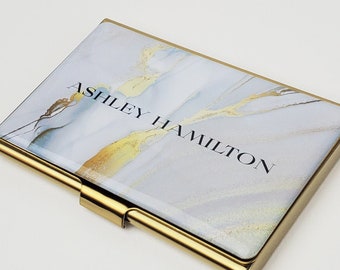 Personalized Card Case White Gold Marble Card Holder Coworker Gift for her Metal Credit Card Holder Rose Gold Business Card Travel Case E168