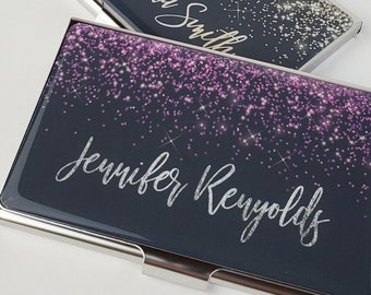 Personalized Business Card Case Purple Glitter Business Card Holder Metal Credit Card Holder Customized Gift for Women Her Staff Gifts E62