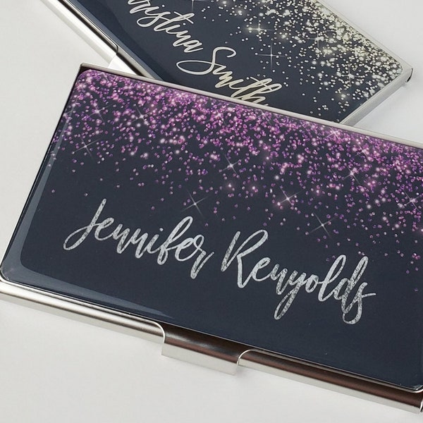 Personalized Business Card Case Purple Glitter Business Card Holder Metal Credit Card Holder Customized Gift for Women Her Staff Gifts E62