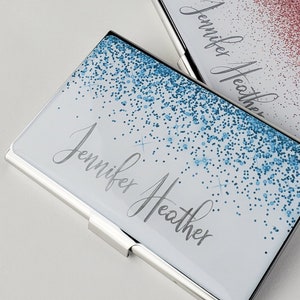 Personalized Business Card Case Teal Glitter Business Card Holder Metal Credit Card Holder Customized Gift for Women Her Staff Gifts E109