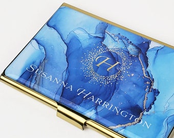 Custom Business Card Holder, Gold Blue Card Case Gift for her, Professional Slim Wallet Gold Business Card Gift Lawyer Salon Realtor E196