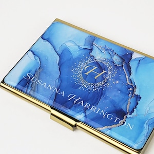 Custom Business Card Holder, Gold Blue Card Case Gift for her, Professional Slim Wallet Gold Business Card Gift Lawyer Salon Realtor E196