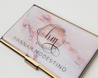 Custom Business Card Case Pink Marble Business Card Wallet Metal Card Holder Gift for her Rose Gold Business Accessory for Hairstylist E71B