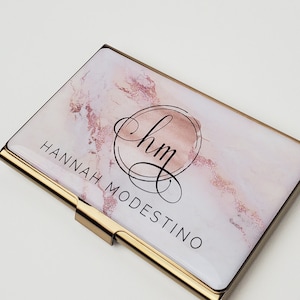 Custom Business Card Case Pink Marble Business Card Wallet Metal Card Holder Gift for her Rose Gold Business Accessory for Hairstylist E71B