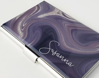 Personalized Business Card Case, Monogram Purple Abstract Business Card Holder for Office Her Credit Modern Card Holder Gifts for Woman E124