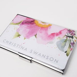 Personalized Business Card Case PINK Watercolor Artist Business Card Holder for Her Coworker Gift Credit Card Holder Modern Gift E131