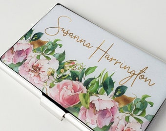Personalized Business Card Case Pink Rose Flowers Business Card Holder Metal Credit Card Holder Floral Gift for Women Her Staff Gifts E129