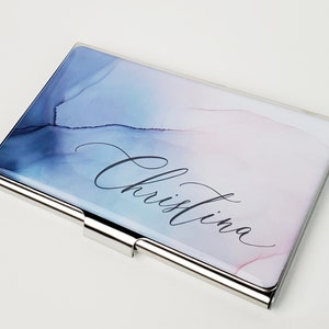 Personalized Business Card Case, Monogram Blue Pink Watercolor Business Card Holder for Her Credit Modern Card Holder Gifts for Woman E149 Stainless Steel