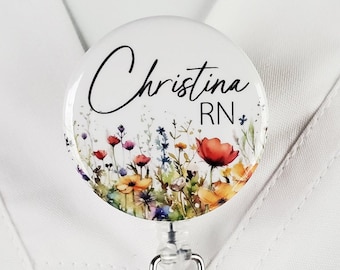 Personalized Badge Reel, Flower Nurse Retractable Badge Holder Nurse ID Lanyard Badge Clip Rn Id Badge Staff Gift for Her Stethoscope ID 850